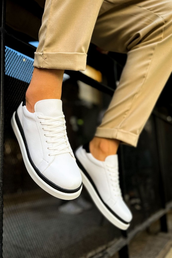 CH979 Santoni Erkek Günlük Bağcıklı Cilt Spor Sneaker Ayakkabı CBT - Beyaz/Siyah