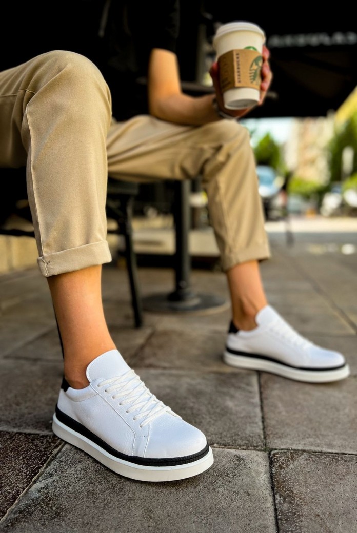 CH979 Santoni Erkek Günlük Bağcıklı Cilt Spor Sneaker Ayakkabı CBT - Beyaz/Siyah