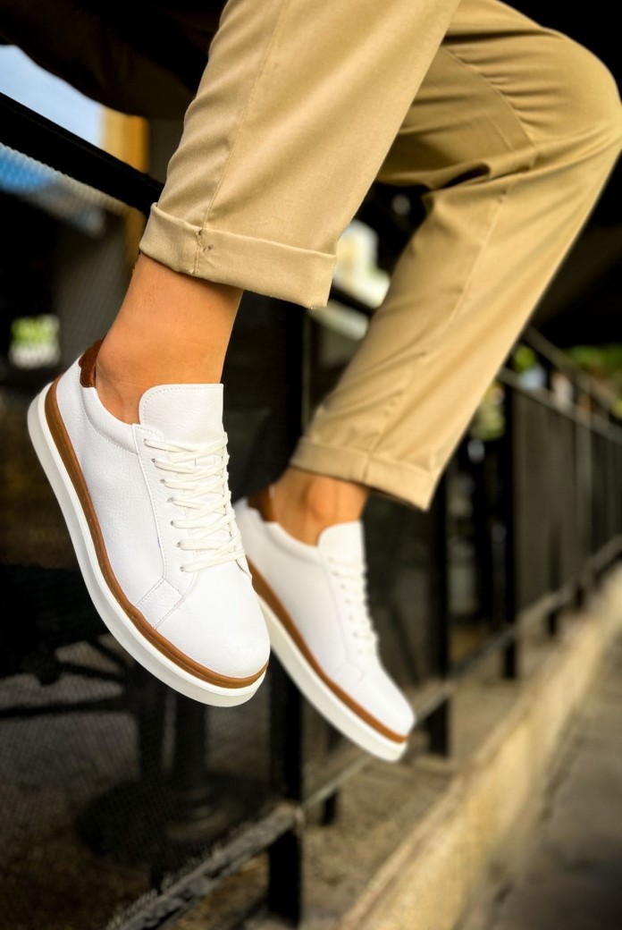 CH979 Santoni Erkek Günlük Bağcıklı Cilt Spor Sneaker Ayakkabı CBT - Beyaz/Taba