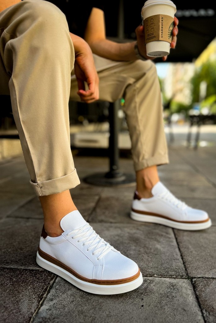 CH979 Santoni Erkek Günlük Bağcıklı Cilt Spor Sneaker Ayakkabı CBT - Beyaz/Taba