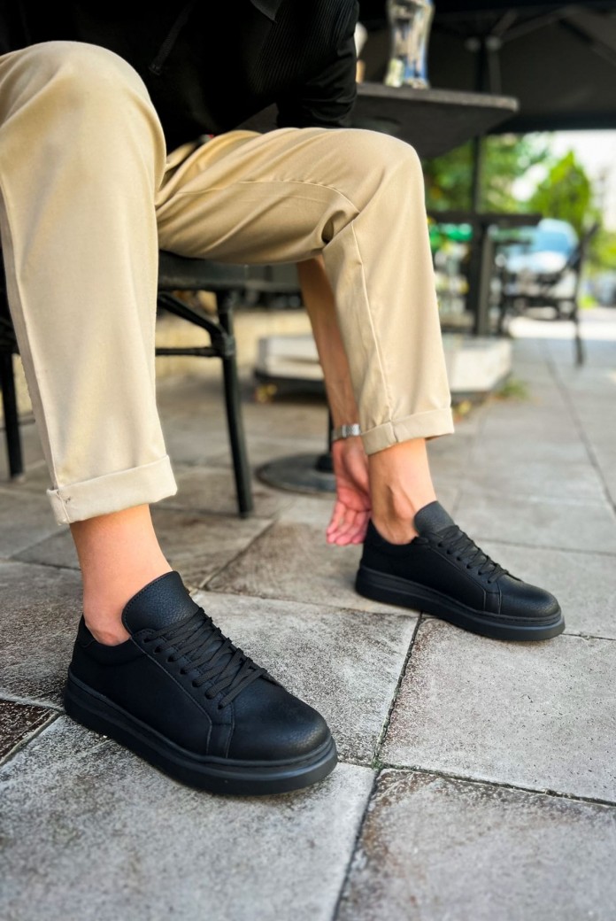 CH979 Santoni Erkek Günlük Bağcıklı Cilt Spor Sneaker Ayakkabı CST - Siyah