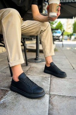 CH979 Santoni Erkek Günlük Bağcıklı Cilt Spor Sneaker Ayakkabı CST - Siyah