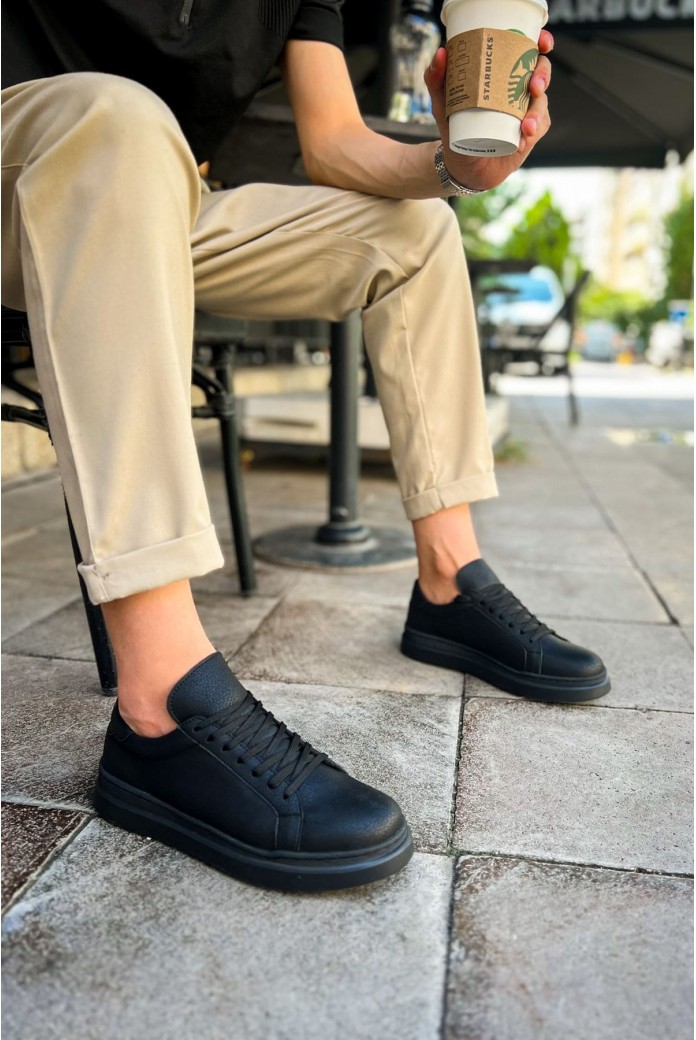CH979 Santoni Erkek Günlük Bağcıklı Cilt Spor Sneaker Ayakkabı CST - Siyah