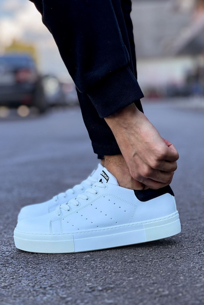 CH983 Tennis Erkek Günlük Bağcıklı Cilt Spor Sneaker Ayakkabı CBT - Beyaz/Siyah