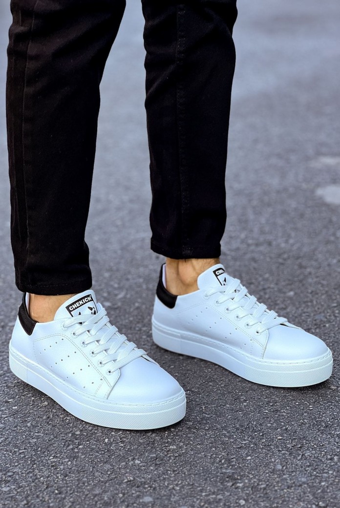 CH983 Tennis Erkek Günlük Bağcıklı Cilt Spor Sneaker Ayakkabı CBT - Beyaz/Siyah