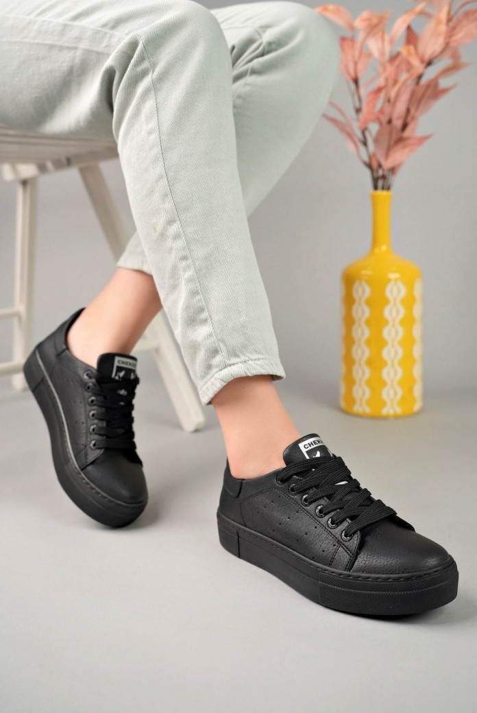 CH983 Tennis Erkek Günlük Bağcıklı Cilt Spor Sneaker Ayakkabı CST - Siyah