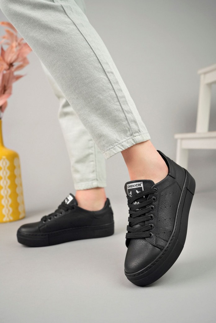 CH983 Tennis Erkek Günlük Bağcıklı Cilt Spor Sneaker Ayakkabı CST - Siyah