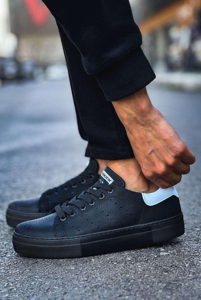 CH983 Tennis Erkek Günlük Bağcıklı Cilt Spor Sneaker Ayakkabı CST - Siyah/Beyaz