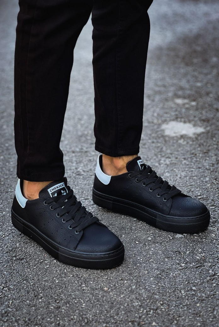 CH983 Tennis Erkek Günlük Bağcıklı Cilt Spor Sneaker Ayakkabı CST - Siyah/Beyaz