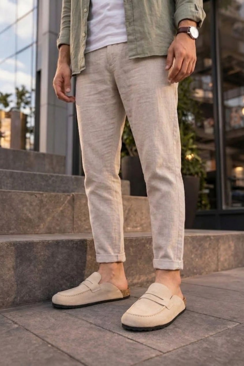 JY0456 Rayn Bağcıksız Hakiki Süet Deri Erkek Günlük Mantar Taban Loafer Klasik Ayakkabı HDMT - Krem