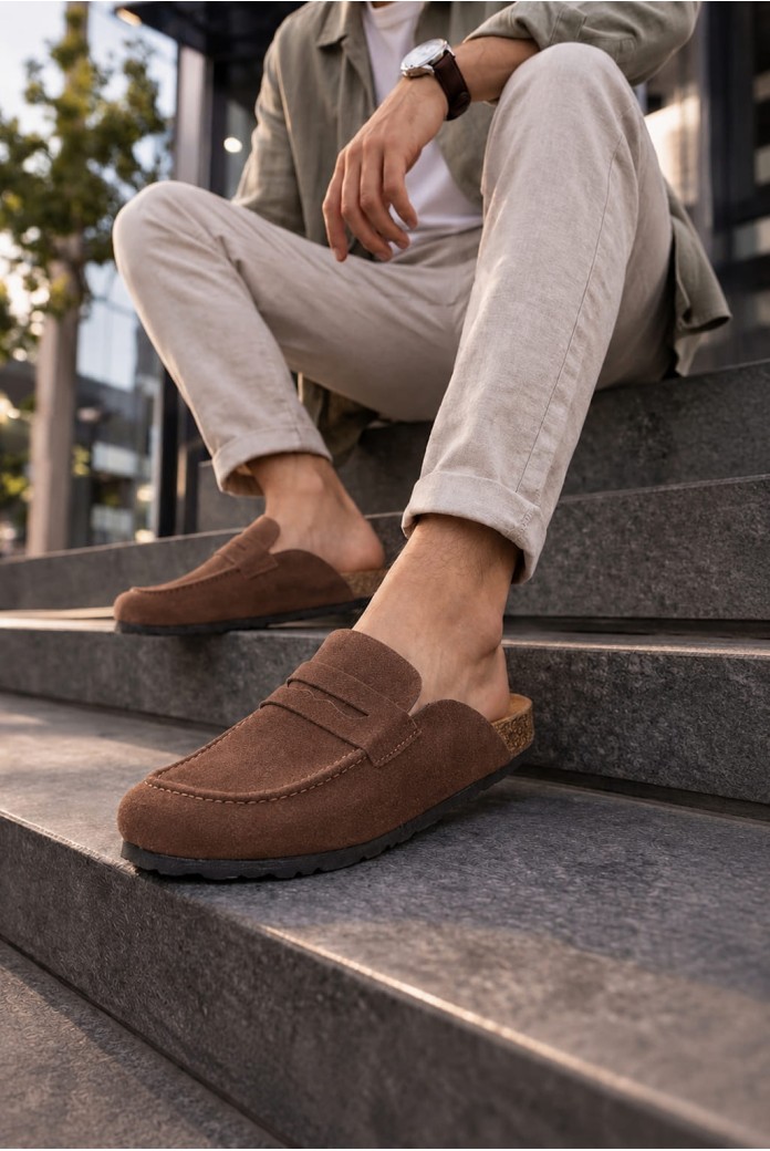 JY0456 Rayn Bağcıksız Süet Deri Erkek Günlük Mantar Taban Loafer Klasik Ayakkabı HDMT - Kahve