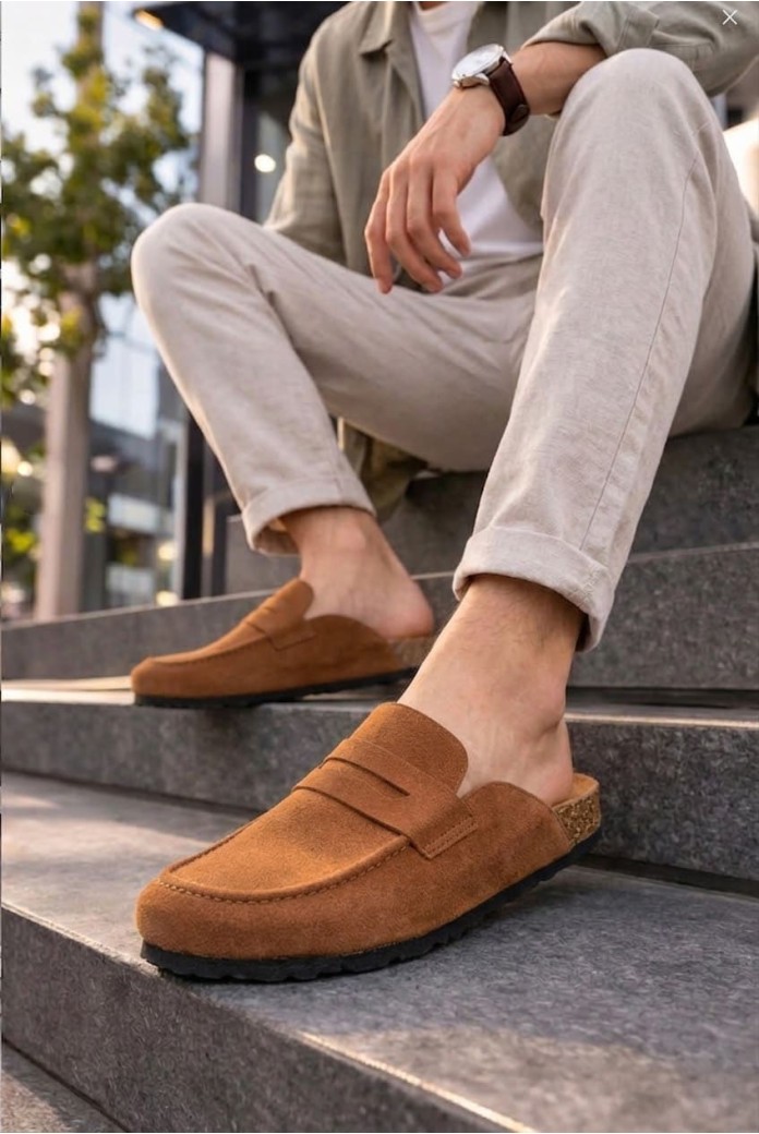 JY0456 Rayn Bağcıksız Süet Deri Erkek Günlük Mantar Taban Loafer Klasik Ayakkabı HDMT - Taba