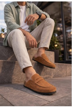 JY0456 Rayn Bağcıksız Süet Deri Erkek Günlük Mantar Taban Loafer Klasik Ayakkabı HDMT - Taba
