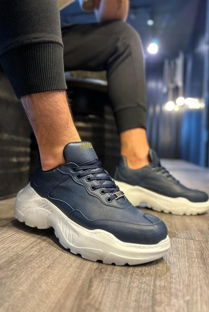 KN-N75 Erkek Günlük Bağcıklı Cilt Spor Sneaker Ayakkabı CBT - Lacivert