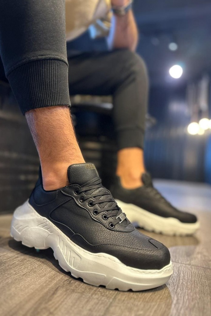 KN-N75 Erkek Günlük Bağcıklı Cilt Spor Sneaker Ayakkabı CBT - Siyah