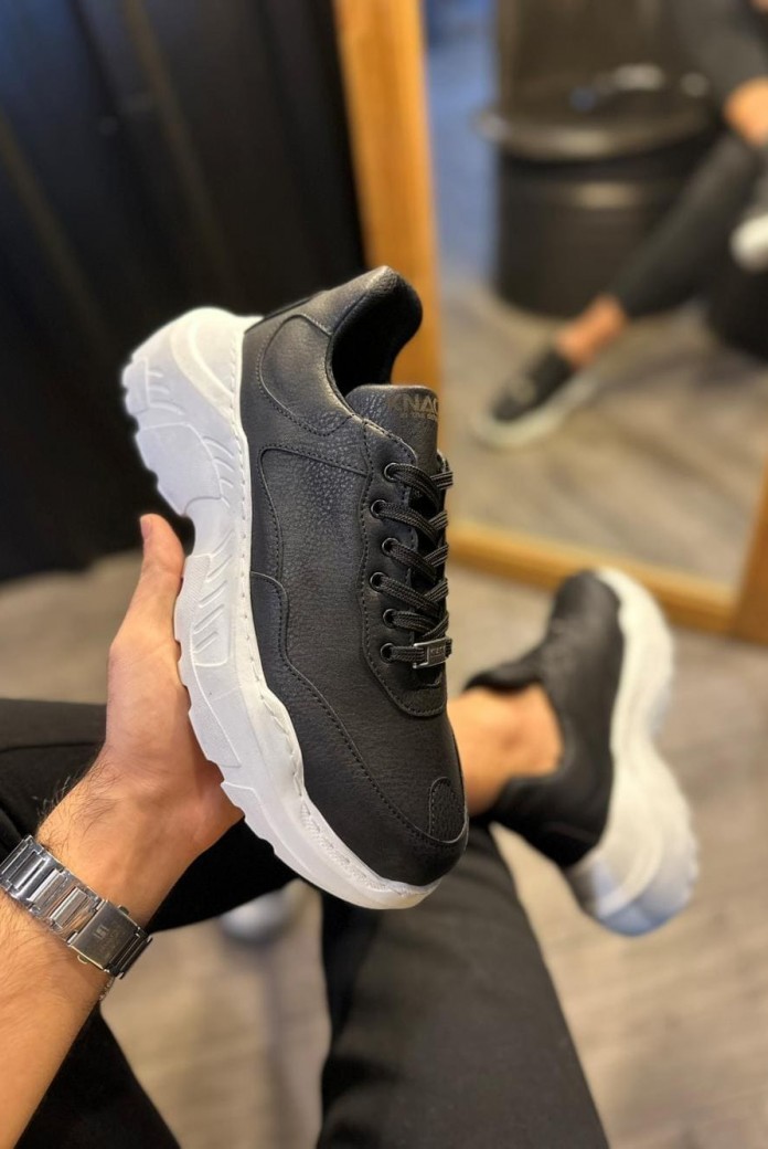 KN-N75 Erkek Günlük Bağcıklı Cilt Spor Sneaker Ayakkabı CBT - Siyah