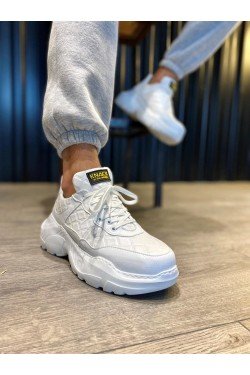 KN-N75 Erkek Günlük Bağcıklı Kapitone Desenli Cilt Spor Sneaker Ayakkabı CBT - Beyaz