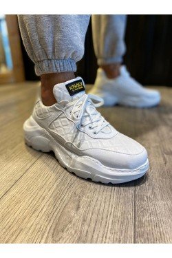 KN-N75 Erkek Günlük Bağcıklı Kapitone Desenli Cilt Spor Sneaker Ayakkabı CBT - Beyaz