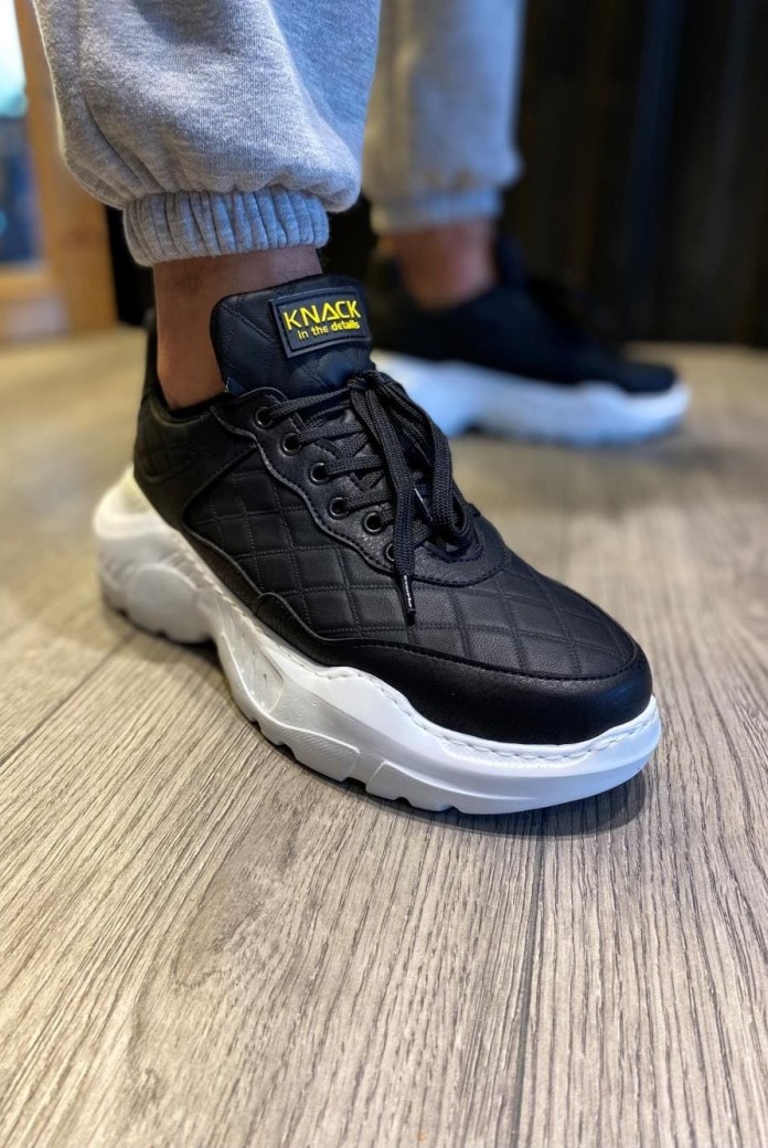 KN-N75 Erkek Günlük Bağcıklı Kapitone Desenli Cilt Spor Sneaker Ayakkabı CBT - Siyah