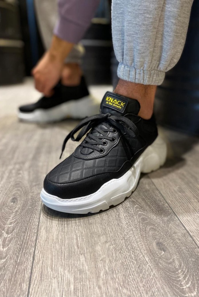 KN-N75 Erkek Günlük Bağcıklı Kapitone Desenli Cilt Spor Sneaker Ayakkabı CBT - Siyah