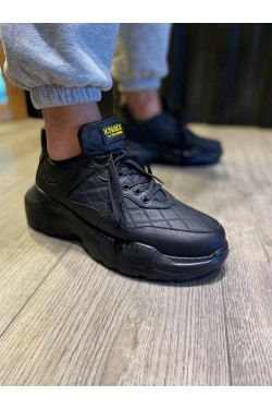 KN-N75 Erkek Günlük Bağcıklı Kapitone Desenli Cilt Spor Sneaker Ayakkabı CST - Siyah