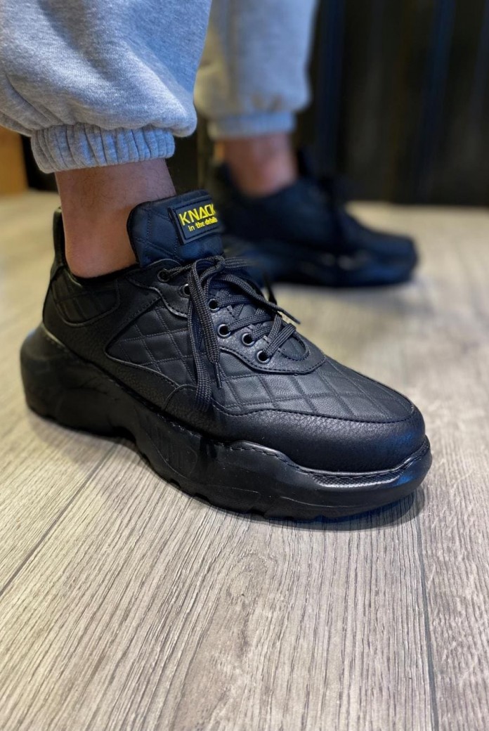 KN-N75 Erkek Günlük Bağcıklı Kapitone Desenli Cilt Spor Sneaker Ayakkabı CST - Siyah