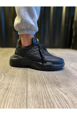 KN-N75 Erkek Günlük Bağcıklı Kapitone Desenli Cilt Spor Sneaker Ayakkabı CST - Siyah