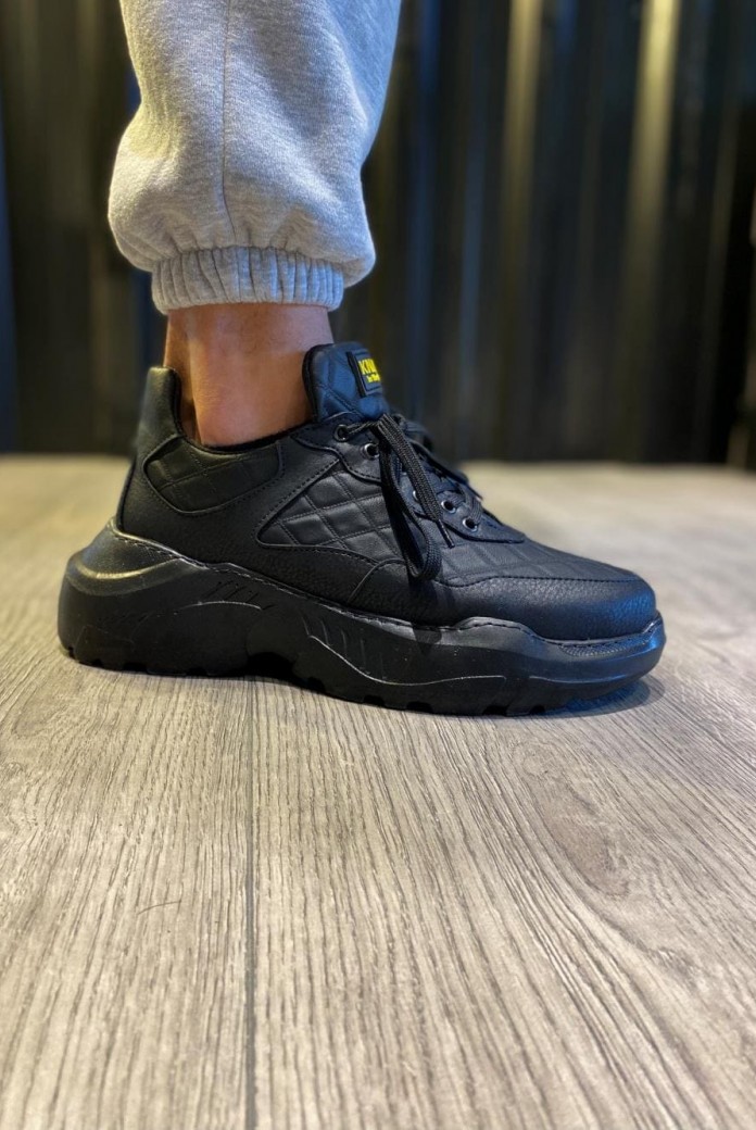 KN-N75 Erkek Günlük Bağcıklı Kapitone Desenli Cilt Spor Sneaker Ayakkabı CST - Siyah