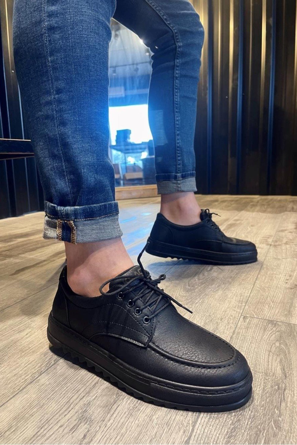 KN-T12 Erkek Günlük Bağcıklı Cilt Klasik Ayakkabı CST - Siyah