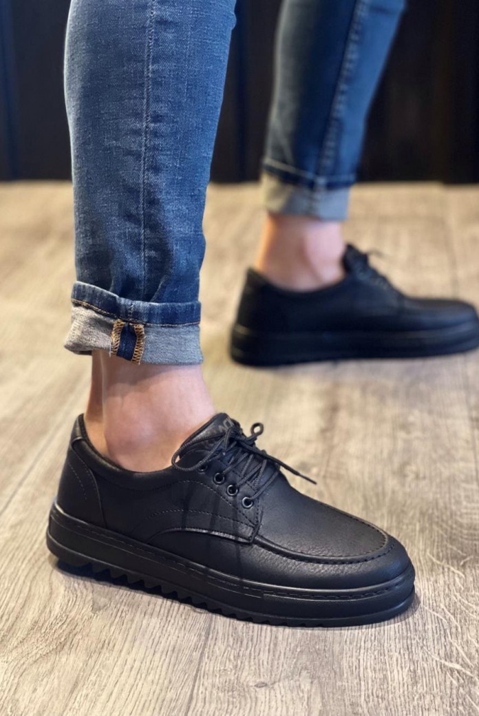 KN-T12 Erkek Günlük Bağcıklı Cilt Klasik Ayakkabı CST - Siyah