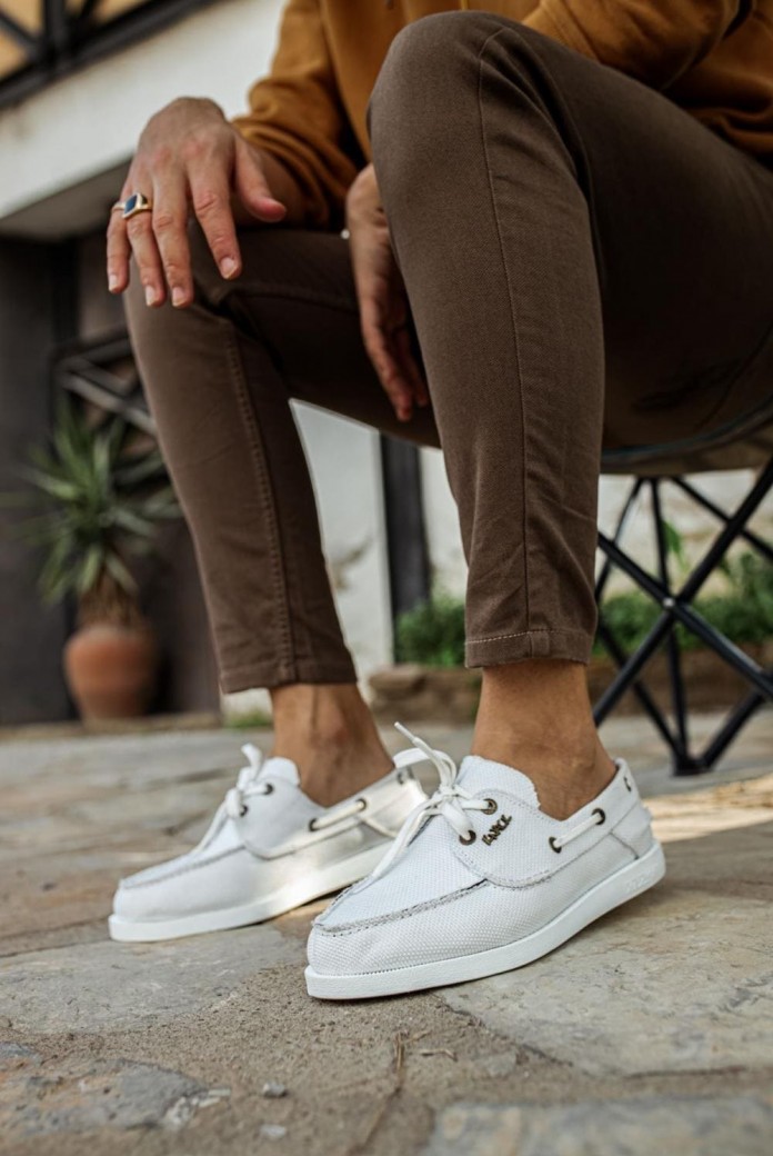 KN008 Erkek Günlük Bağcıklı Keten Klasik Ayakkabı KBT - Beyaz