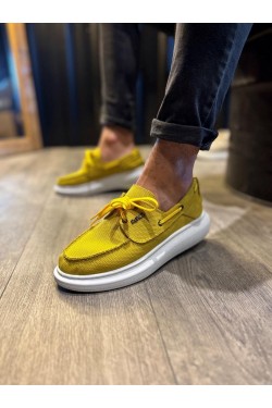 KN009 Erkek Günlük Bağcıklı Keten Klasik Ayakkabı KBT - Sarı