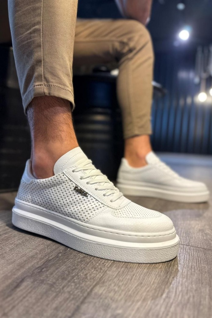 KN013 Erkek Günlük Bağcıklı Cilt Spor Sneaker Ayakkabı CBT - Beyaz