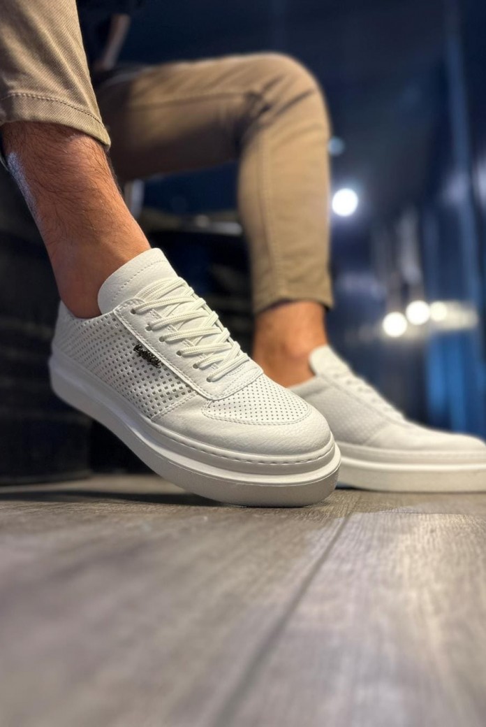 KN013 Erkek Günlük Bağcıklı Cilt Spor Sneaker Ayakkabı CBT - Beyaz