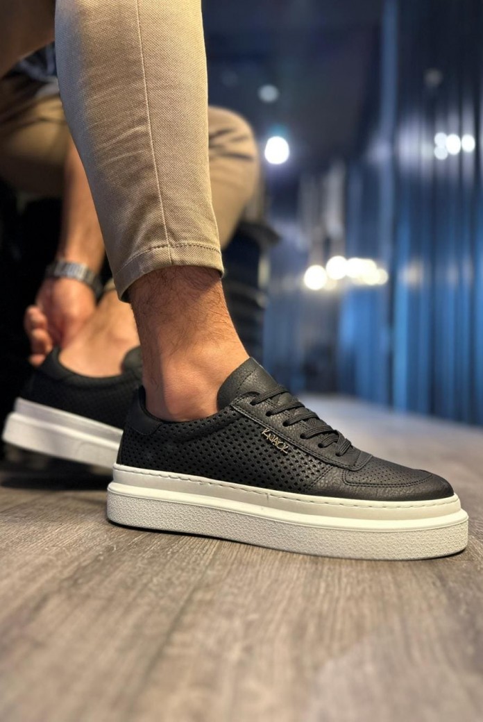 KN013 Erkek Günlük Bağcıklı Cilt Spor Sneaker Ayakkabı CBT - Siyah