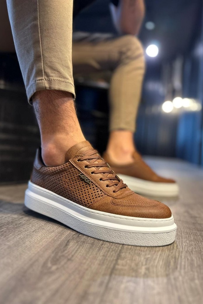 KN013 Erkek Günlük Bağcıklı Cilt Spor Sneaker Ayakkabı CBT - Taba