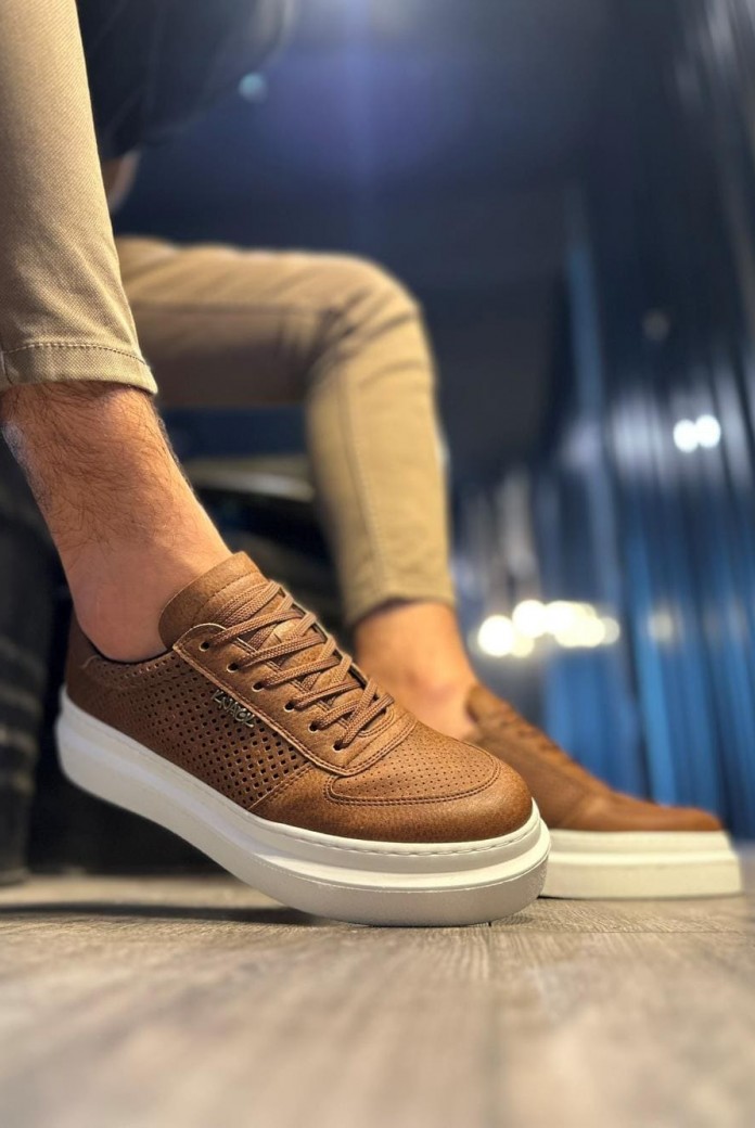 KN013 Erkek Günlük Bağcıklı Cilt Spor Sneaker Ayakkabı CBT - Taba