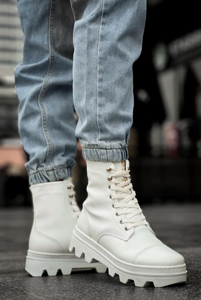 KN023 Erkek Spor Günlük Bağcıklı Cilt Bot CBT - Beyaz