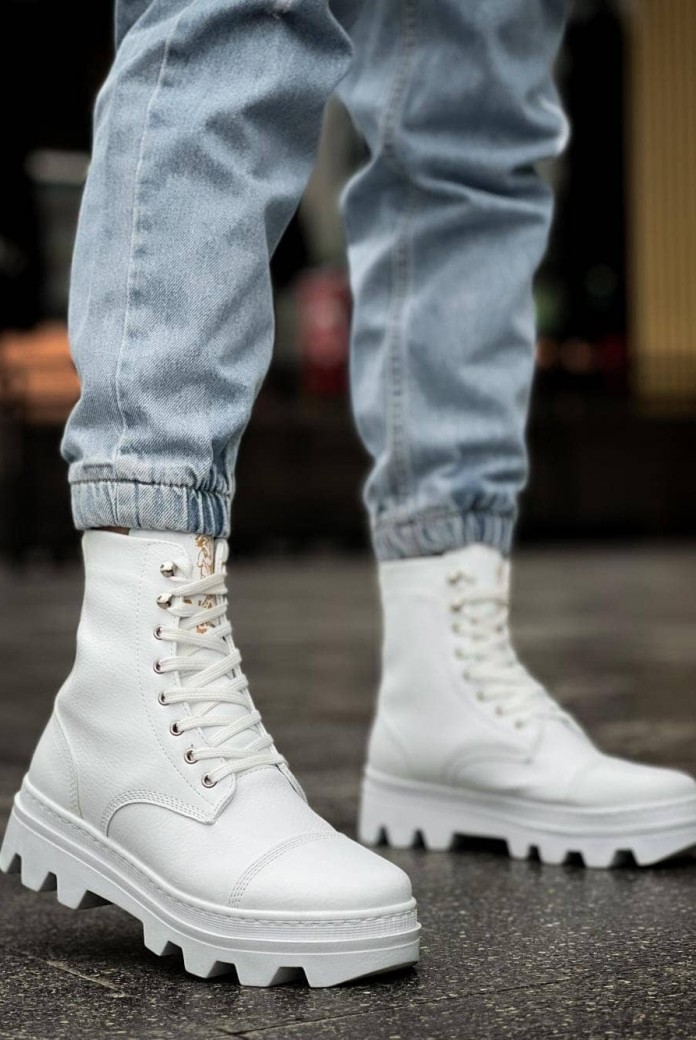 KN023 Erkek Spor Günlük Bağcıklı Cilt Bot CBT - Beyaz