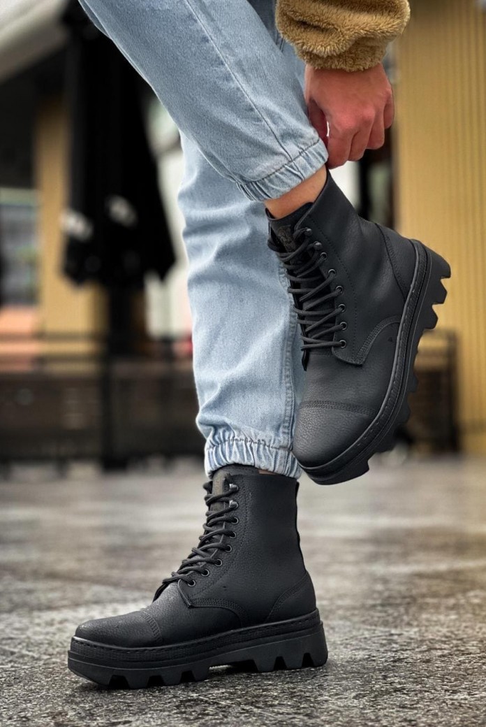 KN023 Erkek Spor Günlük Bağcıklı Cilt Bot CST - Siyah