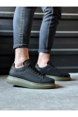 KN041 Erkek Günlük Bağcıklı Tırtıklı Cilt Spor Sneaker Ayakkabı CHT - Siyah