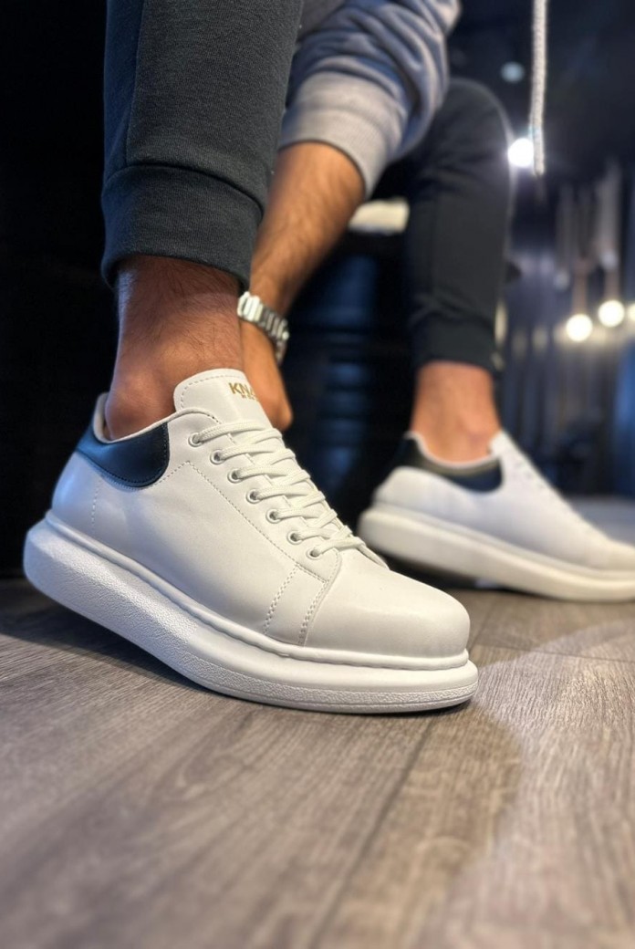 KN043 Erkek Günlük Bağcıklı Cilt Spor Sneaker Ayakkabı CBT - Beyaz/Siyah