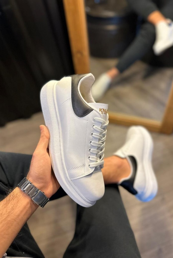 KN043 Erkek Günlük Bağcıklı Cilt Spor Sneaker Ayakkabı CBT - Beyaz/Siyah
