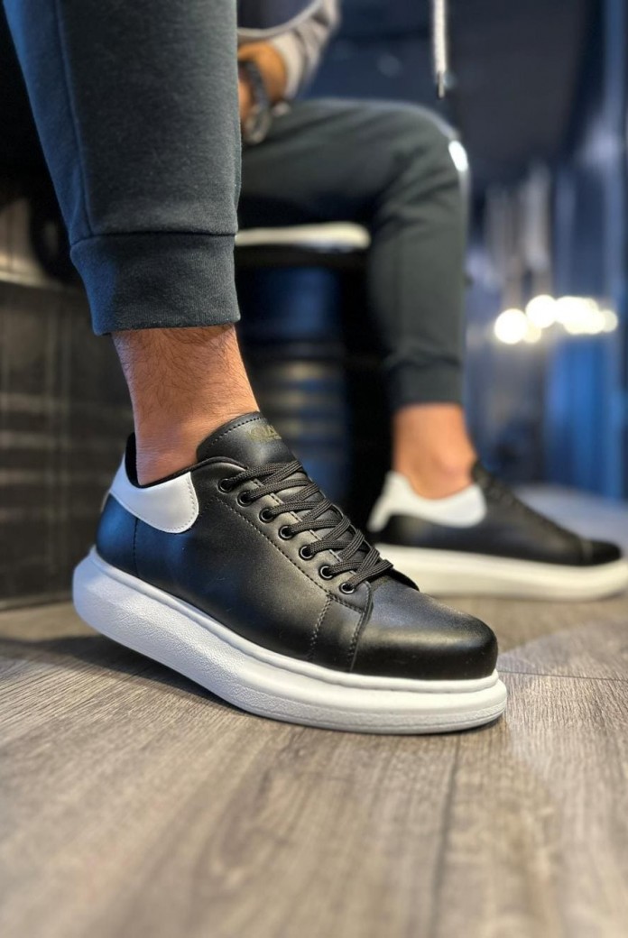 KN043 Erkek Günlük Bağcıklı Cilt Spor Sneaker Ayakkabı CBT - Siyah/Beyaz