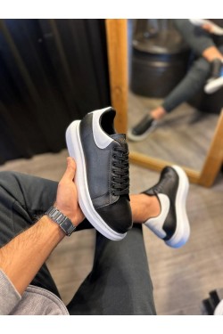 KN043 Erkek Günlük Bağcıklı Cilt Spor Sneaker Ayakkabı CBT - Siyah/Beyaz