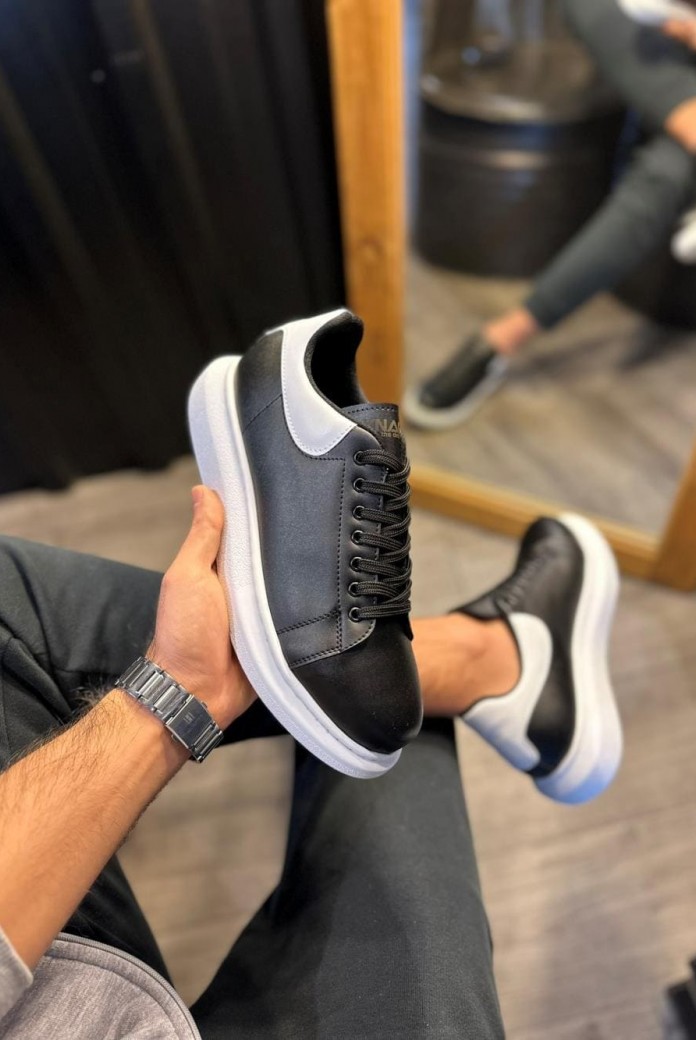 KN043 Erkek Günlük Bağcıklı Cilt Spor Sneaker Ayakkabı CBT - Siyah/Beyaz