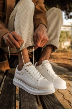 KN044 Erkek Günlük Bağcıklı Cilt Spor Sneaker Ayakkabı CBT - Beyaz
