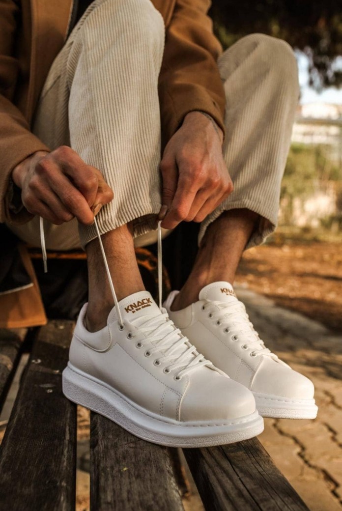KN044 Erkek Günlük Bağcıklı Cilt Spor Sneaker Ayakkabı CBT - Beyaz
