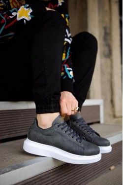 KN044 Erkek Günlük Bağcıklı Cilt Spor Sneaker Ayakkabı CBT - Gri