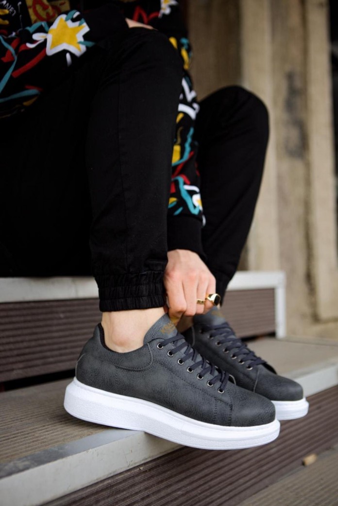 KN044 Erkek Günlük Bağcıklı Cilt Spor Sneaker Ayakkabı CBT - Gri